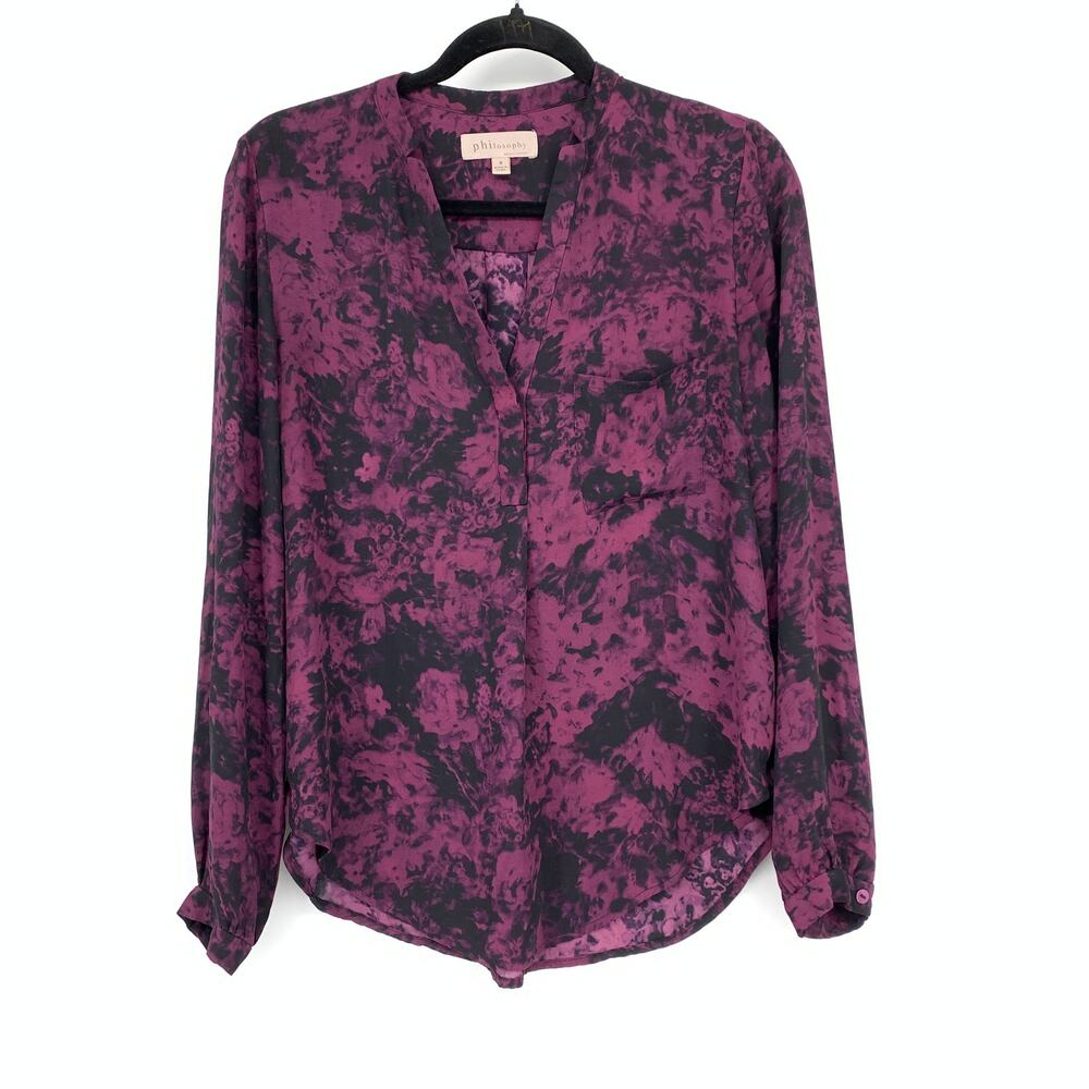 Philosophy Popover Blouse Womens Sz Small Purple Black Tie Dye Print Long Sleeve